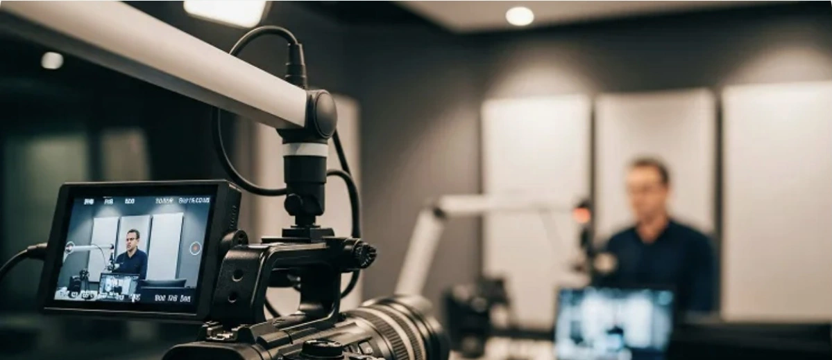 Camera filming a podcast conversation from the supplied design